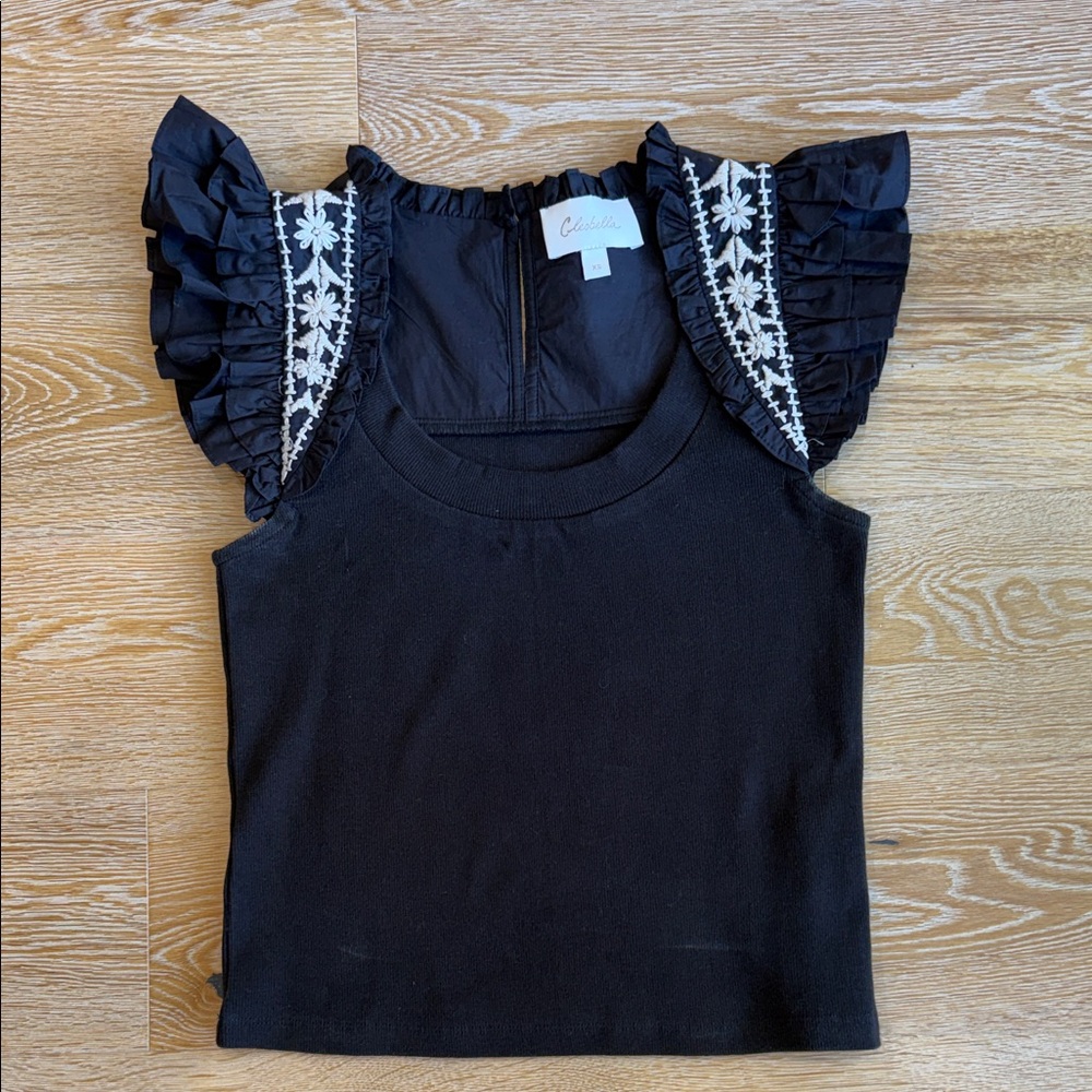 Cleobella Black Tank Top with Embroidered Flutter Sleeves